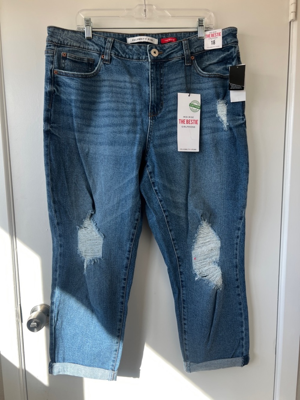 Celebrity Pink Distressed Mid-Rise The Bestie Girlfriend Jeans in Blue Wash